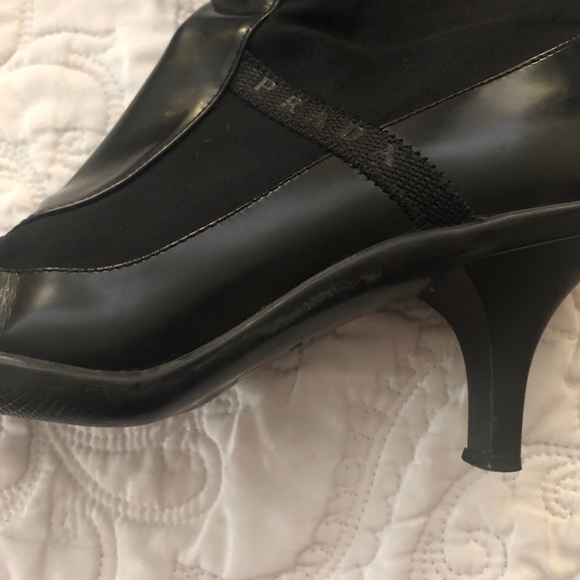 Prada Gabardine Black Tech Knee High Boots zipper Pointy Kitten Heel Size 38.5 - Picture 9 of 12